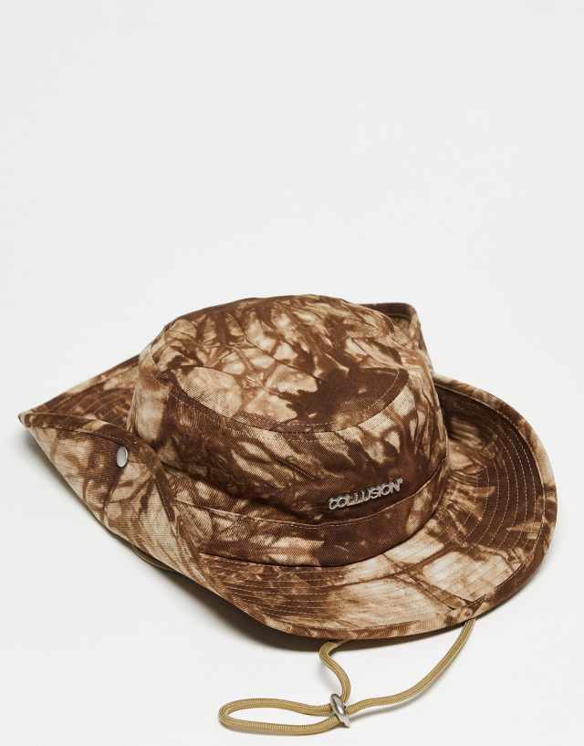 COLLUSION Unisex festival washed bucket hat with string in brown tie dye