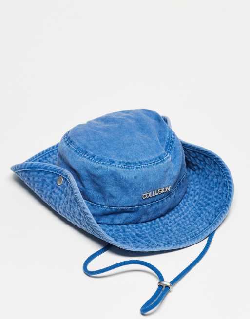 COLLUSION Unisex festival washed denim bucket hat with string in