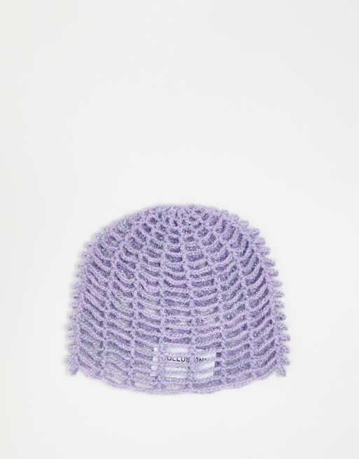 COLLUSION Unisex – Fioletowa festiwalowa ażurowa czapka beanie z błyszczącym wykończeniem