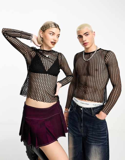 COLLUSION Unisex fishnet mesh long sleeve t-shirt in black