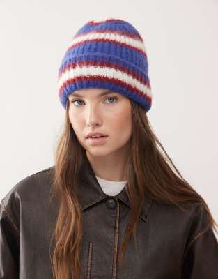 COLLUSION Unisex - Flauschige Strickmütze in Blau-Bunt