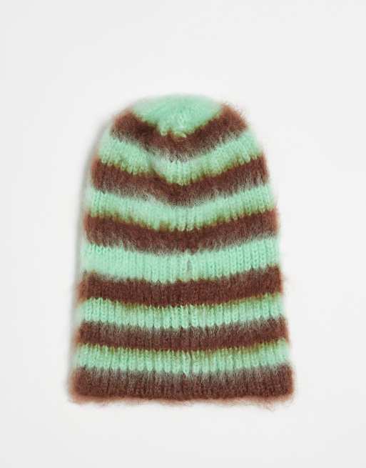 COLLUSION Unisex fluffy beanie in green and brown multi stripe
