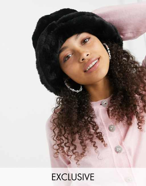 Fluffy black bucket hot sale hat