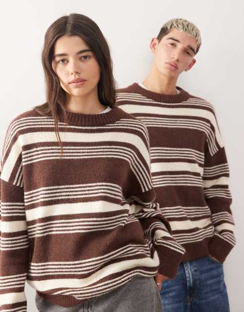 COLLUSION UNISEX fluffy crew neck stripe jumper in brown - view 1