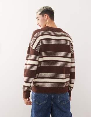 Collusion Unisex Fluffy Crew Neck Striped Sweater In Brown