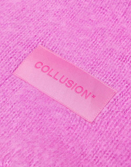 COLLUSION Unisex fluffy knit logo scarf in pink, 3 of 4