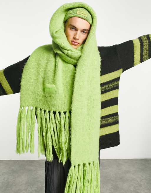 COLLUSION Unisex fluffy knit logo scarf in yellow green