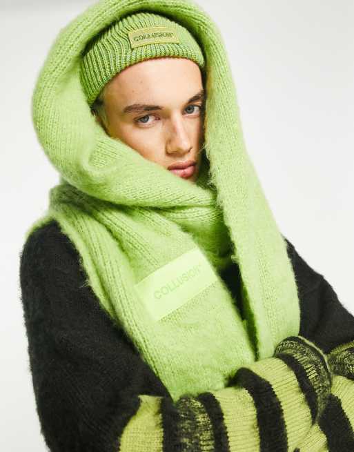 COLLUSION Unisex fluffy knit logo scarf in yellow green, 3 of 4