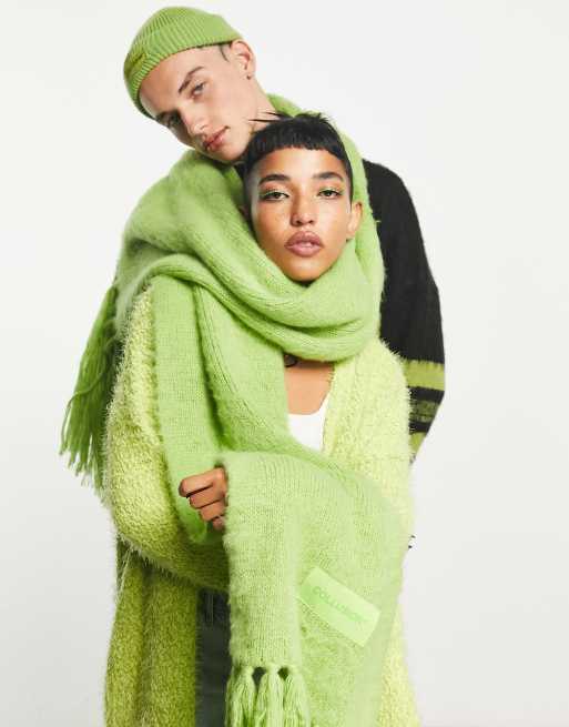 COLLUSION Unisex fluffy knit logo scarf in yellow green