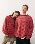 [Collusion] COLLUSION Unisex fluffy striped crew neck jumper in beige-Red 2XS BEIGE