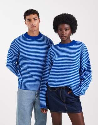 unisex fluffy striped crew neck sweater in blue