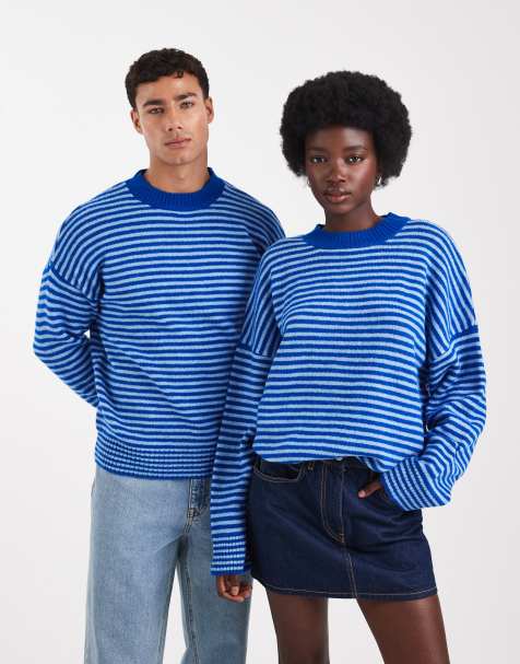 COLLUSION unisex fluffy striped crew neck sweater in blue - view 1