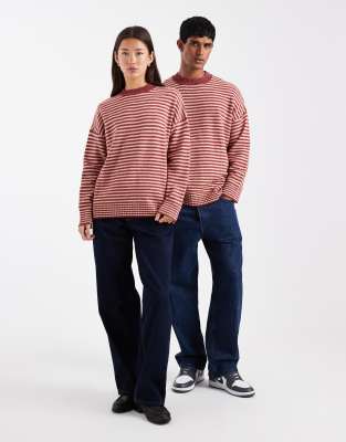 Collusion Unisex Fluffy Striped Crew Neck Sweater In Red
