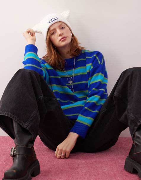 COLLUSION unisex fluffy striped knit sweater in blue - view 1