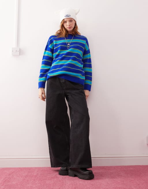 COLLUSION unisex fluffy striped knit sweater in blue