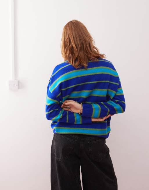 COLLUSION unisex fluffy striped knit sweater in blue