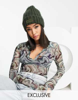 Collusion COLLUSION Unisex fluffy yarn beanie with tonal logo in moss green