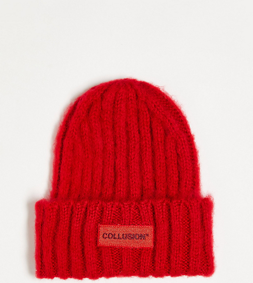 COLLUSION Unisex fluffy yarn beanie with tonal logo in red