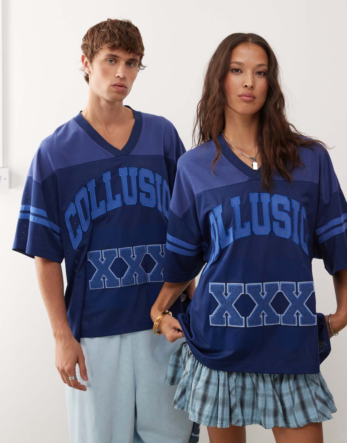 COLLUSION Unisex football jersey in navy blue with print and applique detail