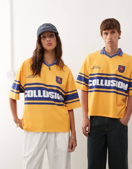 COLLUSION Unisex soccer logo jersey in yellow 