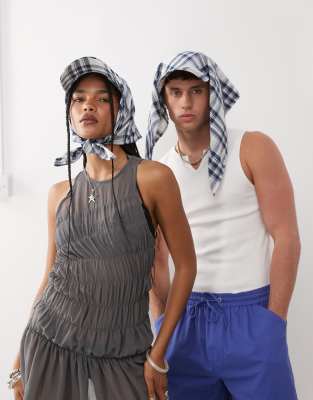 COLLUSION Unisex - Foulard blu a quadri con dettaglio a berretto