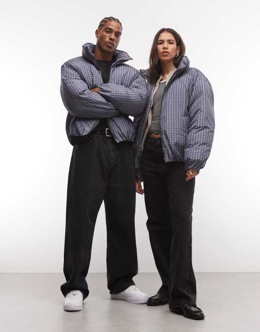 COLLUSION Unisex funnel neck puffer jacket in blue check, 2 of 4