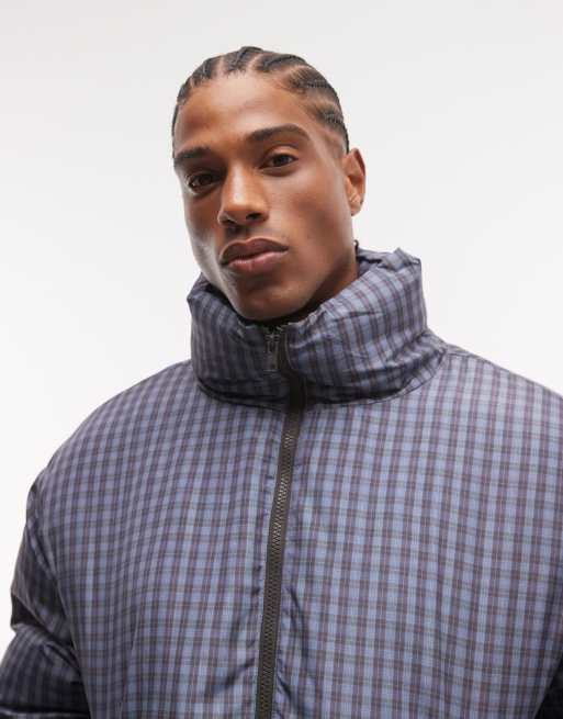 COLLUSION Unisex funnel neck puffer jacket in blue check, 3 of 4