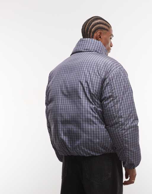 COLLUSION Unisex funnel neck puffer jacket in blue check, 4 of 4