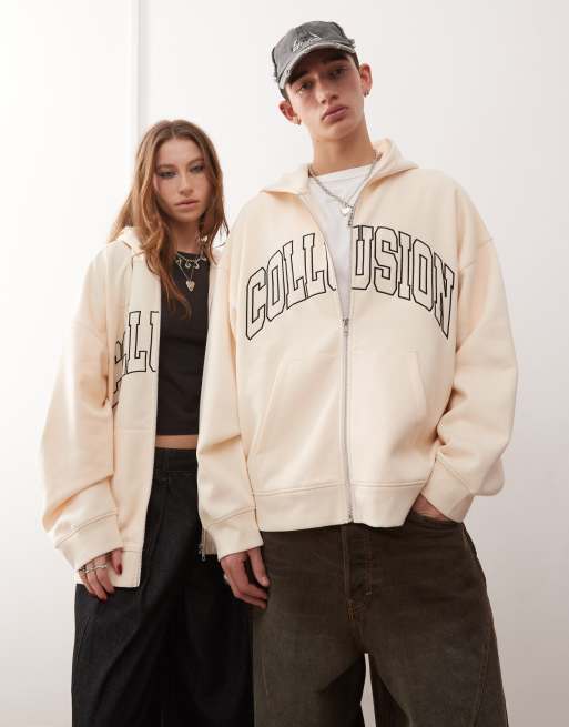 COLLUSION Unisex - Geborduurde varsity-hoodie met rits in ecru
