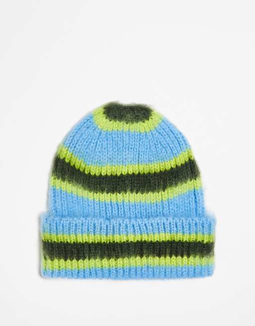 COLLUSION Unisex - Geborstelde gestreepte beanie in blauw