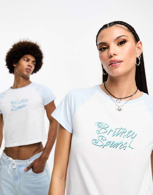 COLLUSION Unisex - Gekrompen T-shirt met gelicenseerde Britney Spears-print in wit , 2 van 4