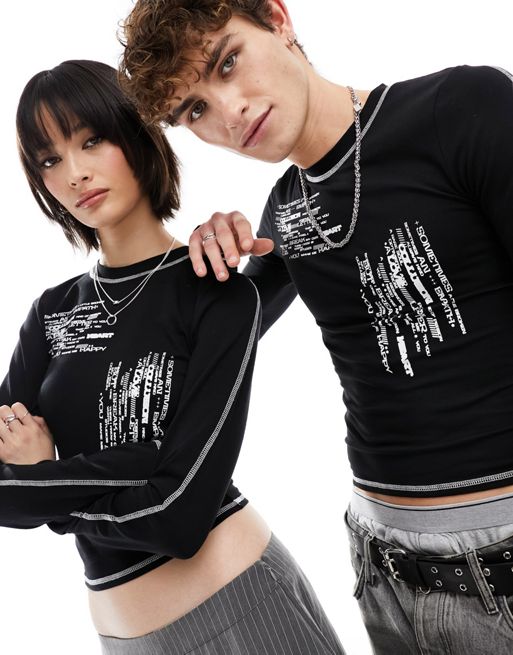 COLLUSION Unisex - Gekrompen T-shirt met lange mouwen met tekstprint in grijs 