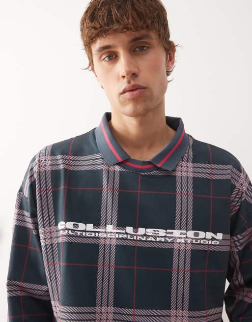 COLLUSION Unisex - Geruite voetbaltop met lange mouwen in marineblauw, 3 van 4