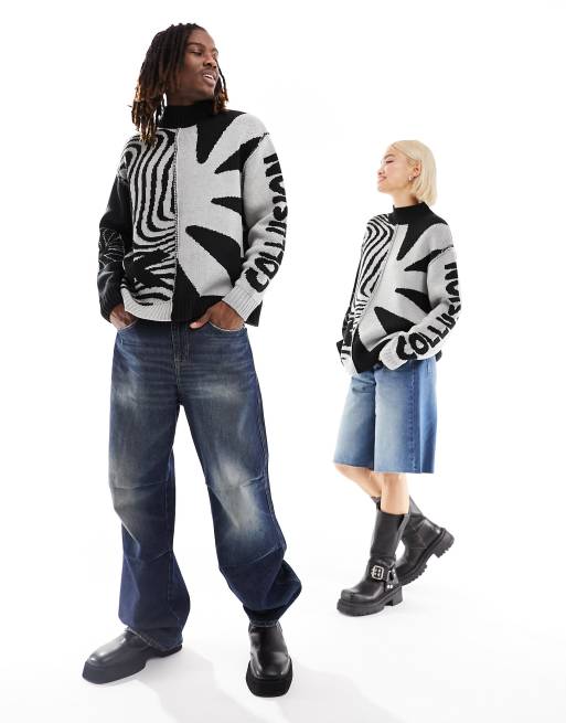 COLLUSION Unisex - Gesplitste jacquardtrui met merklogo in zwart en grijs