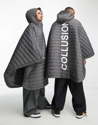 COLLUSION Unisex - Gesteppter Poncho in Grau mit Logo und Oversize-Passform