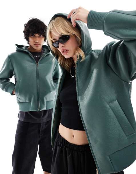 Collusion Unisex - Giacca bomber con cappuccio in pelle sintetica doppiata verde bosco - view 1