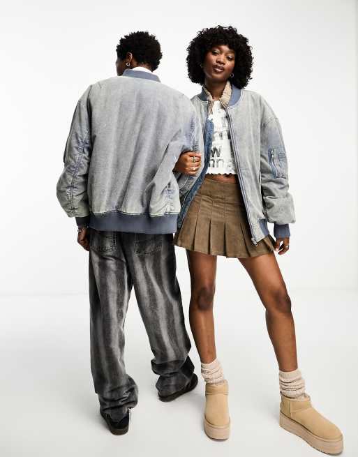COLLUSION Unisex - Giacca bomber oversize invecchiata colore blu denim slavato