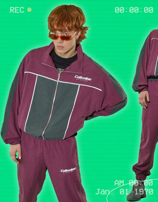 COLLUSION Unisex - Coordinato tuta sportiva con giacca e joggers in tessuto morbido color viola prugna, 2 di 3