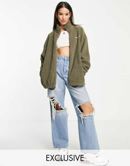 COLLUSION Unisex - Giacca in pile kaki con zip