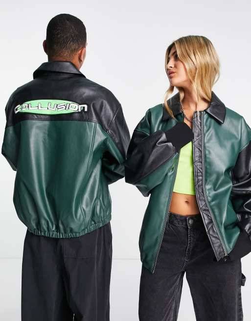 COLLUSION Unisex - Giacca sportiva in similpelle PU verde scuro e nera