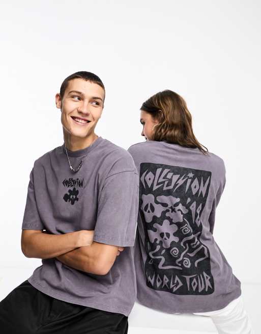 COLLUSION Unisex – Grafitowy T-shirt z piki z nadrukiem „World Tour