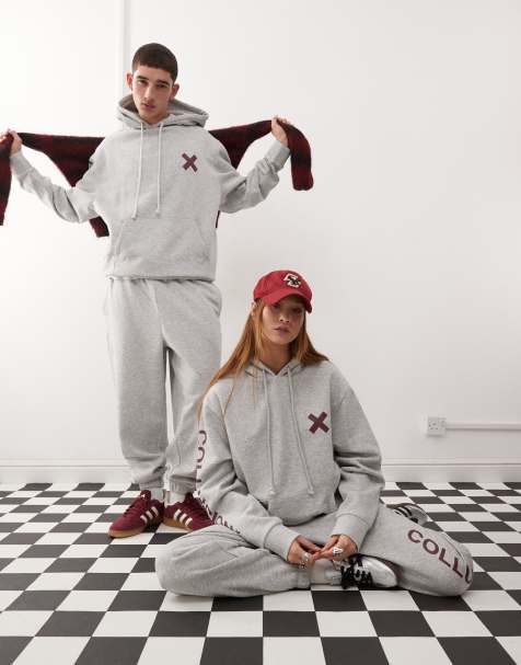 COLLUSION Unisex - Gråmeleret hættetrøje med logo og bordeauxrødt print - view 1
