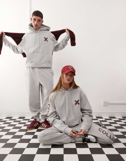 COLLUSION Unisex - Gråmeleret hættetrøje med logo og bordeauxrødt print