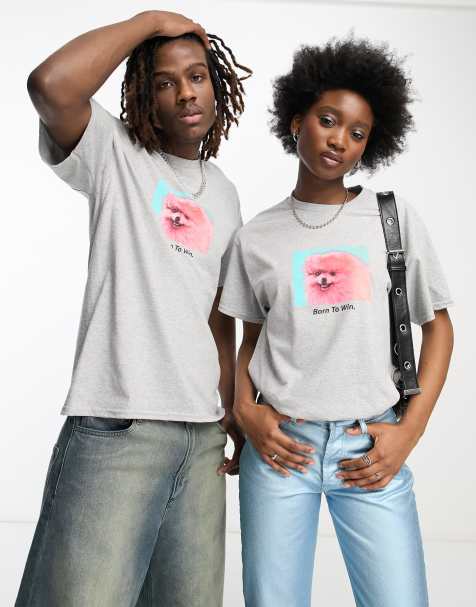 COLLUSION Unisex - Gråmeleret T-shirt med 'Born to Win'-print - view 1