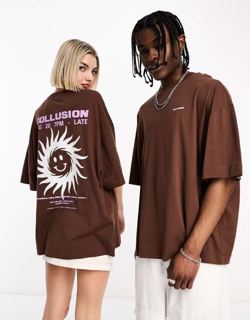 COLLUSION Unisex graphic sun print t-shirt in brown