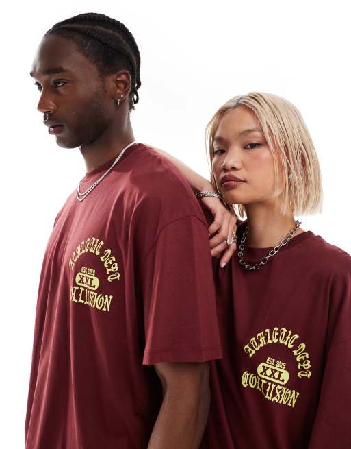COLLUSION Unisex graphic T-shirt in burgundy | ASOS