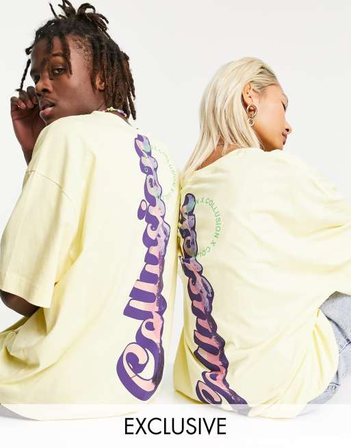 COLLUSION Unisex – Gul t-shirt i oversize med tryck baktill