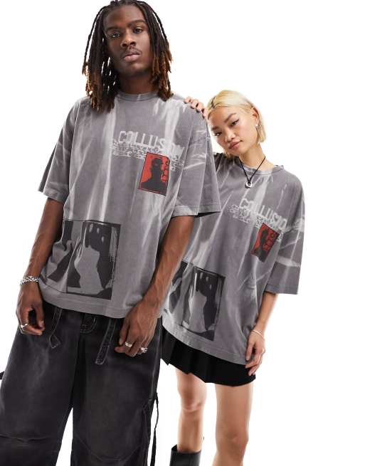 COLLUSION Unisex hand print graphic t-shirt in charcoal