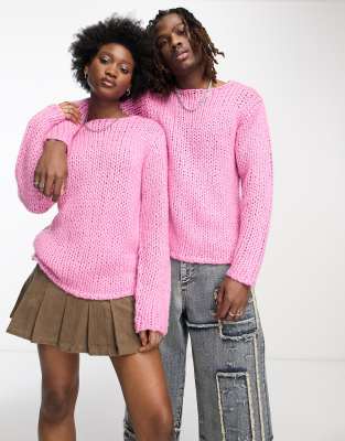 COLLUSION Unisex handknitted open hole jumper in bright pink