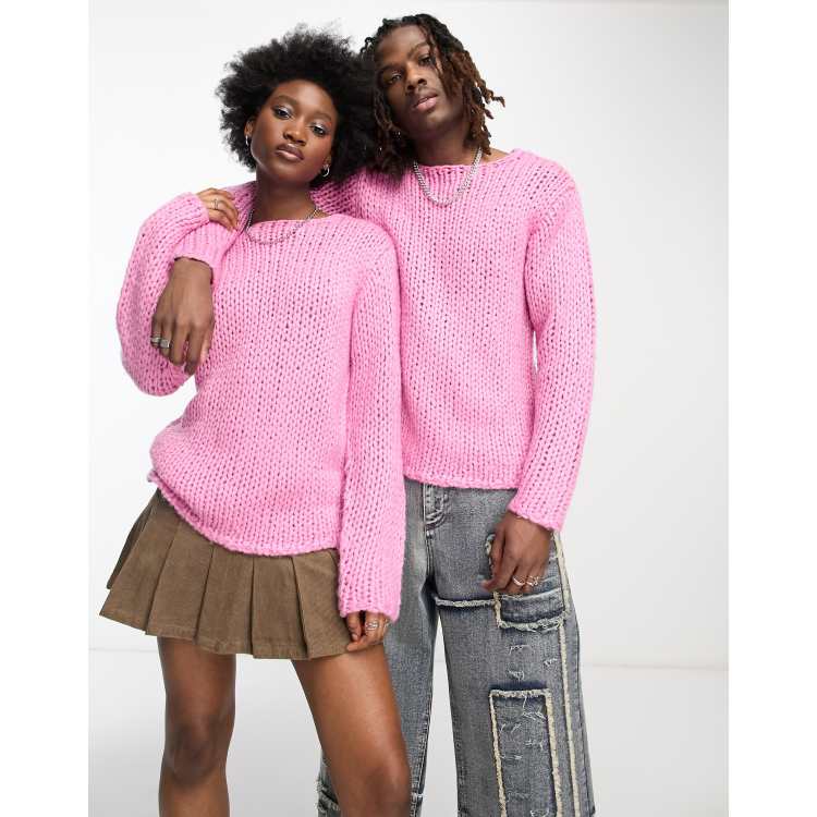 COLLUSION Unisex handknitted open hole jumper in bright pink | ASOS